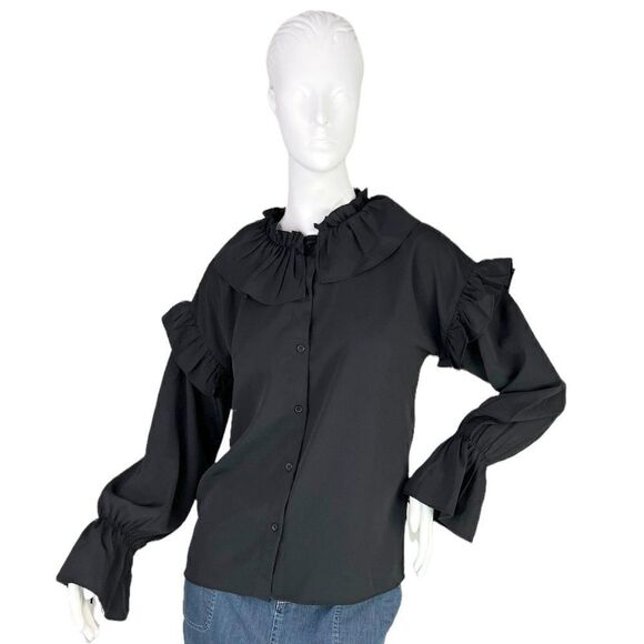 Walter Baker NEW Mistie Top Black Ruffled Crepe de Chine Button Up Blouse Sz XS - Picture 1 of 11